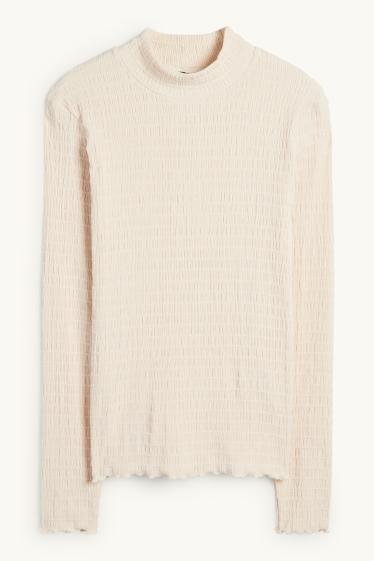 Dames - Longsleeve - regular fit - gesmokt - crème wit