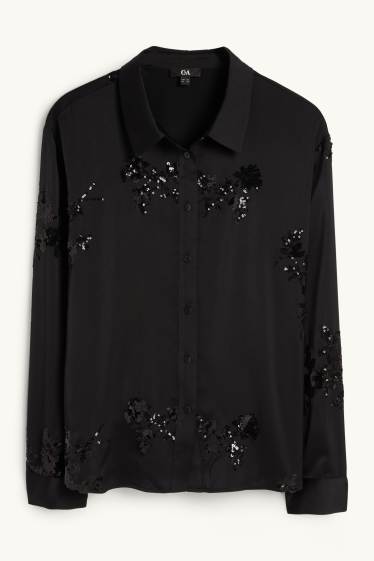 Femmes - Chemisier en satin - à fleurs - brillant - noir