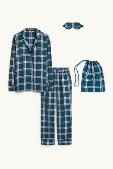 Women - Set - Christmas flannel pyjamas, sleep mask and cloth bag - dark green