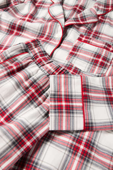 Dames - Set - flanellen kerstpyjama, slaapmasker en stoffen tasje - wit / rood