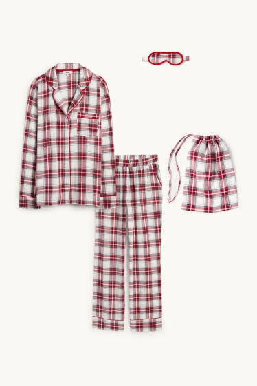 Dames - Set - flanellen kerstpyjama, slaapmasker en stoffen tasje - wit / rood