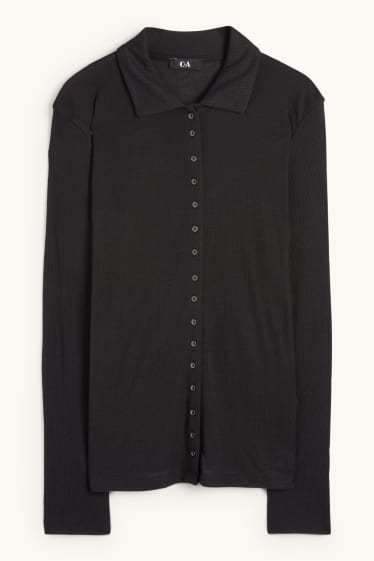 Femei - Tricou polo cu mânecă lungă - regular fit - cu reiați - negru