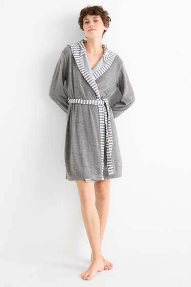 Dames - Frotté badjas, met capuchon - grijs-mix
