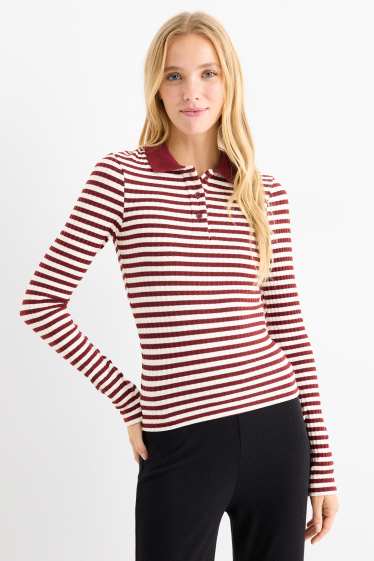 Dona - Polo de mànigues llargues - slim fit - acanalat - de punt - vermell fosc /negre