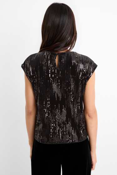 Mujer - Camiseta de terciopelo con lentejuelas - regular fit - negro