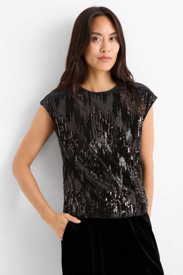 Mujer - Camiseta de terciopelo con lentejuelas - regular fit - negro