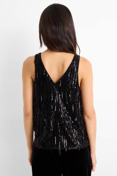 Dames - Top met V-hals en pailletten - zwart
