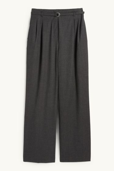 Dames - Pantalon met ceintuur - high waist - wide leg - donkergrijs