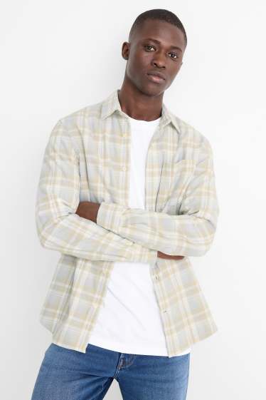 Uomo - Camicia di flanella - regular fit - collo all'italiana - a quadretti - grigio chiaro