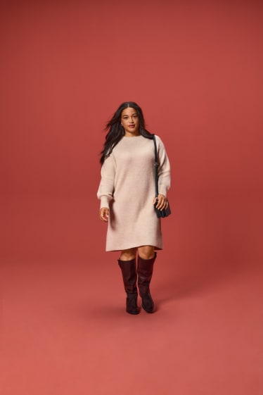 Women - Knitted dress - ribbed - light beige