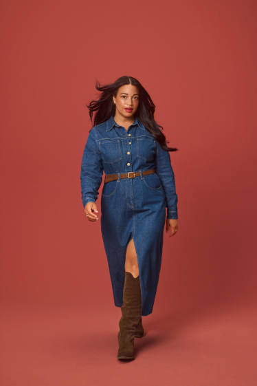 Women - Denim shirt dress with belt - blue denim