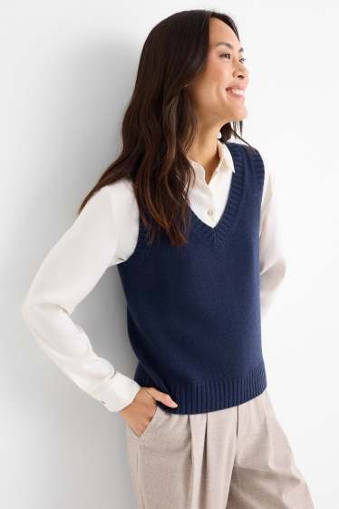 Dames - Spencer, deels van kasjmier - wolmix - donkerblauw