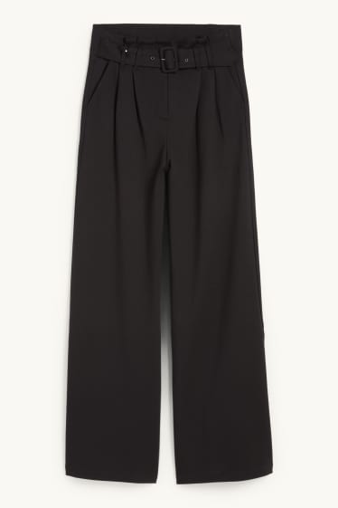 Dámské - Žerzejové kalhoty s páskem - high waist - wide leg - černá