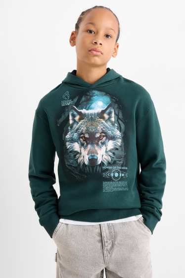 Enfants garçons - Loup - sweat à capuche - vert foncé
