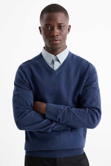 Bărbați - Set - pulover cu decolteu în V și cămașă office - 2 piese - albastru închis