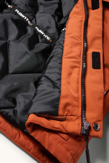 Kinderen: jongens - Regenjas met capuchon en imitatiebontrandje - gevoerd - donker oranje