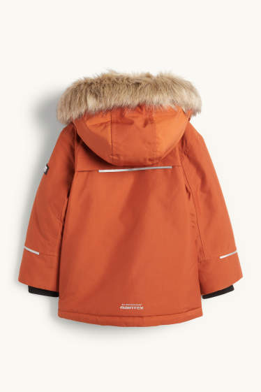 Kinderen: jongens - Regenjas met capuchon en imitatiebontrandje - gevoerd - donker oranje