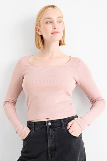 Dames - Korte longsleeve - geribd - roze