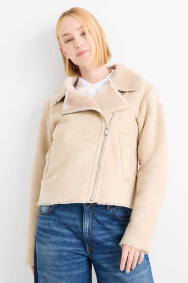 Dames - Shearling jas - imitatievelours - licht beige