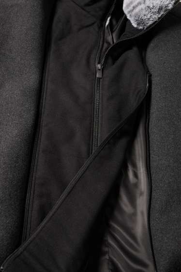 Heren - Mantel met imitatiebontrandje - zwart