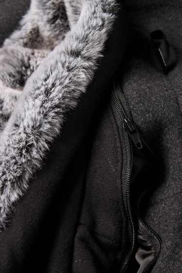 Heren - Mantel met imitatiebontrandje - zwart