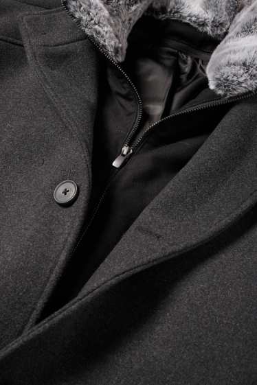 Heren - Mantel met imitatiebontrandje - zwart