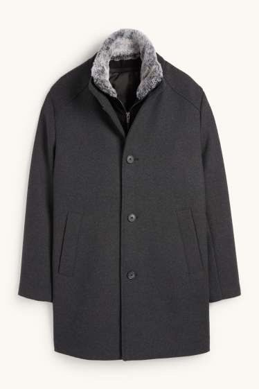 Heren - Mantel met imitatiebontrandje - zwart