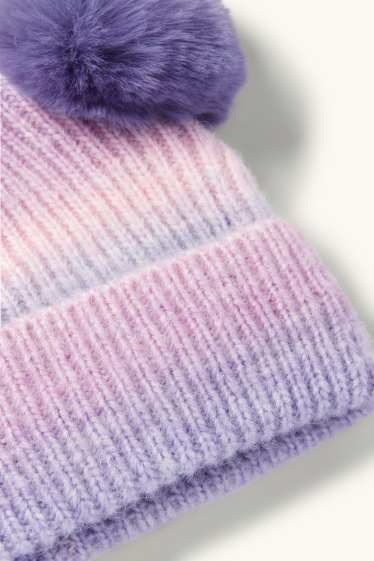 Kinder Mädchen - Bommelmütze - gerippt - gemustert - hellviolett