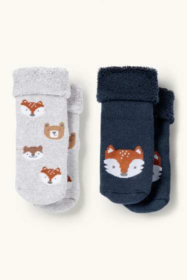 Bébés garçons - Lot de 2 paires - renards et oursons - chaussettes antidérapantes pour bébé - bleu / gris