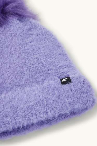 Children Girls - Pom-pom ski hat - ribbed - light violet