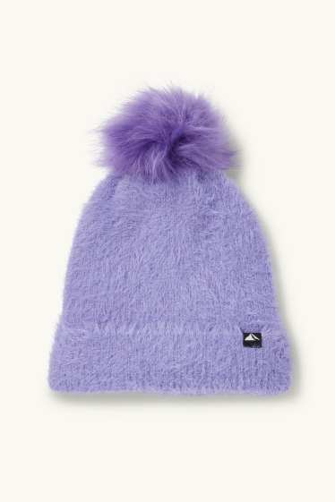 Children Girls - Pom-pom ski hat - ribbed - light violet