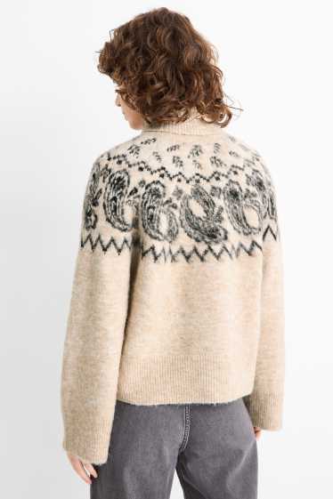 Damen - Rollkragenpullover - gemustert - schwarz / beige