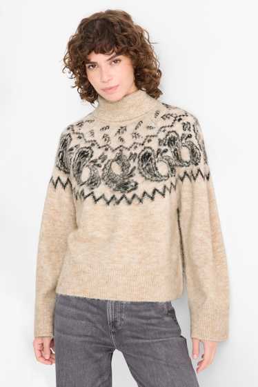 Damen - Rollkragenpullover - gemustert - schwarz / beige