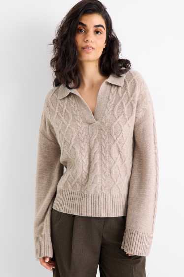 Damen - Pullover mit V-Ausschnitt und Kaschmir-Anteil - Woll-Mix - hellbeige