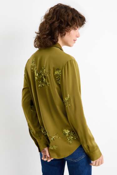 Femmes - Chemisier en satin - effet brillant - motif à fleurs - vert
