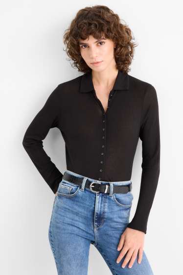 Femei - Tricou polo cu mânecă lungă - regular fit - cu reiați - negru