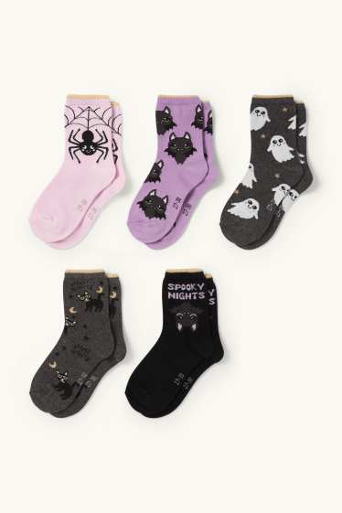 Bambine - Confezione da 5 - Halloween - calzini con motivi - nero / rosa