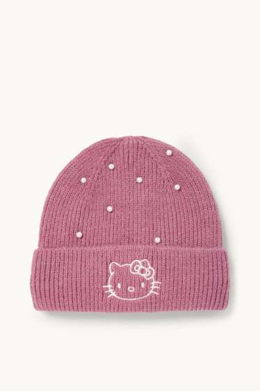 Kinder Mädchen - Hello Kitty - Mütze mit Perlen - gerippt - dunkelrosa