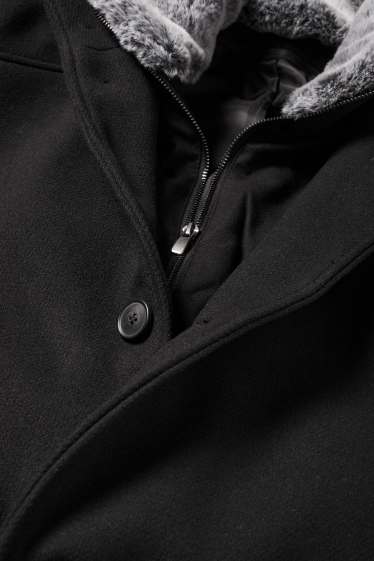 Heren - Mantel met imitatiebontrandje - zwart