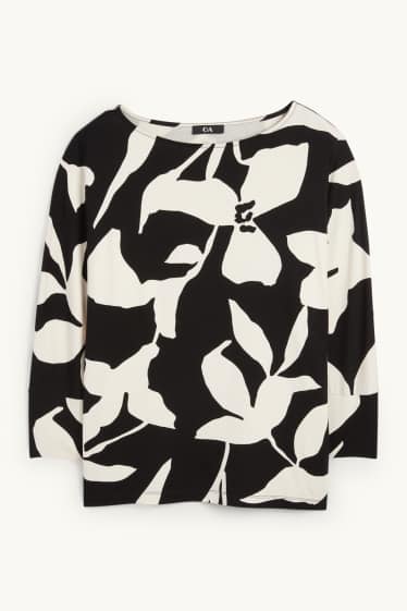 Dames - Longsleeve - regular fit - gebloemd - zwart / wit