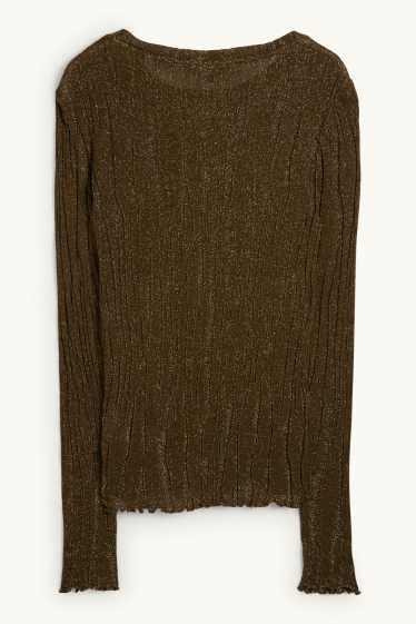 Dámské - Tričko s dlouhým rukávem - regular fit - žebrované - tmavozelená