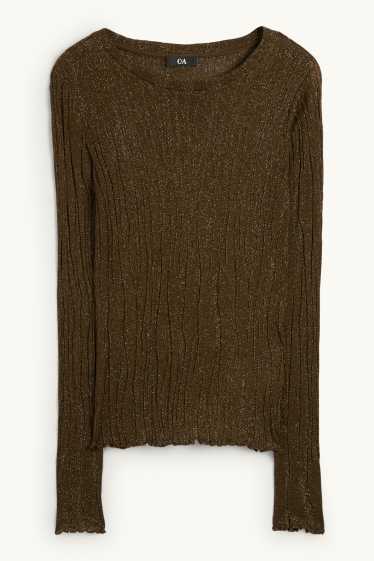 Dámské - Tričko s dlouhým rukávem - regular fit - žebrované - tmavozelená