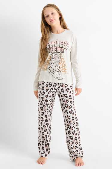 Enfants filles - Lot de 2 - pyjamas - 4 pièces - imprimé léopard - gris clair chiné