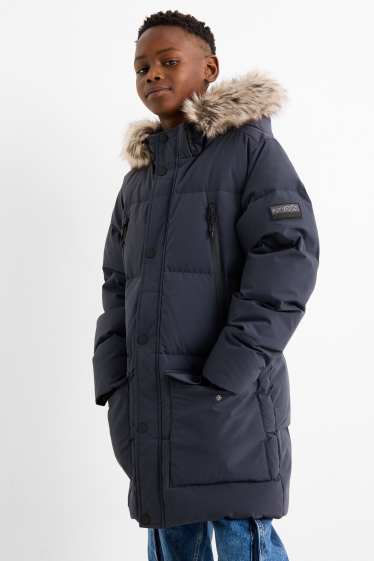 Enfants garçons - Doudoune en duvet avec capuche et garniture en imitation fourrure - bleu foncé