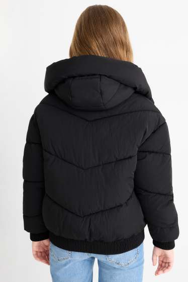 Kinder Mädchen - Steppjacke mit Kapuze - wasserabweisend - schwarz