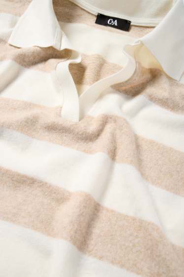 Women - Long sleeve polo shirt - knitted - striped - white / beige