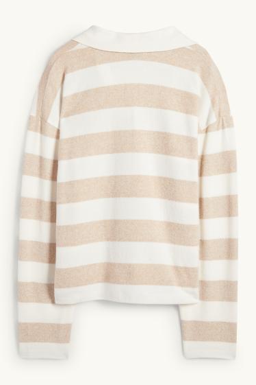 Women - Long sleeve polo shirt - knitted - striped - white / beige