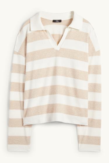 Women - Long sleeve polo shirt - knitted - striped - white / beige