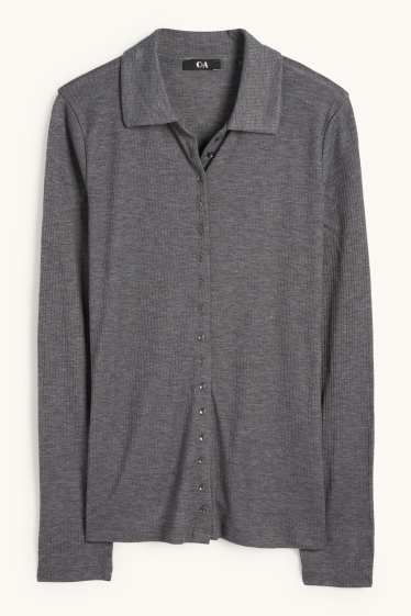 Donna - Polo a maniche lunghe - regular fit - a costine - grigio