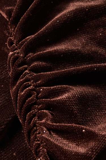 Dames - Fluwelen bodycon jurk met strass-steentjes - donkerbruin